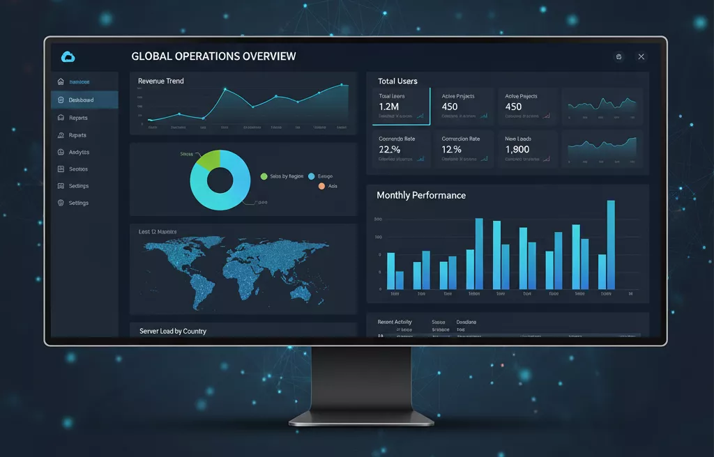 Modern cloud-based reporting dashboard interface showing multiple data visualization options